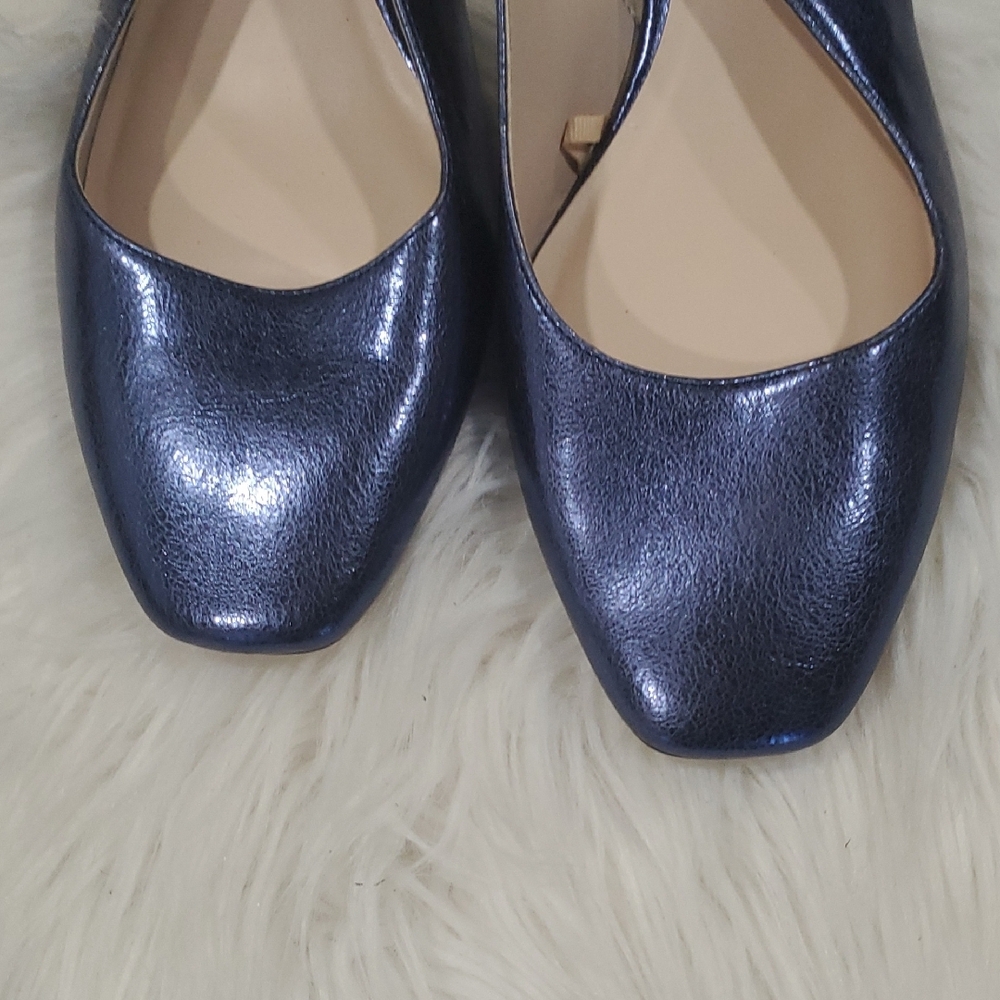 Zara Women's Shiny Blue Slingback Heels - Picture 10 of 12